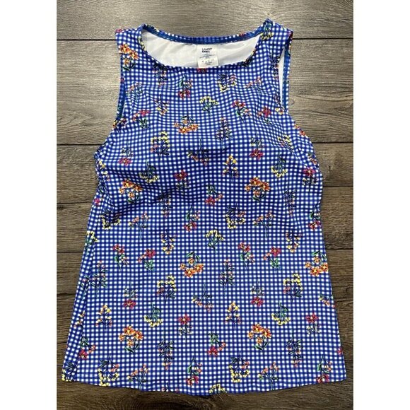 Lands' End Tankini Top Bathing Suit Swim Blue White Gingham Floral Size 6 - Picture 1 of 3